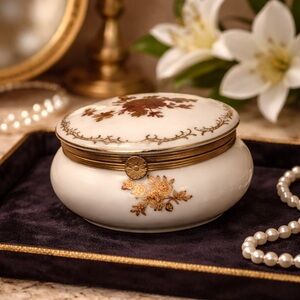 Cream and Gold Floral Decorative Trinket  Hinged Round Box Marked D58